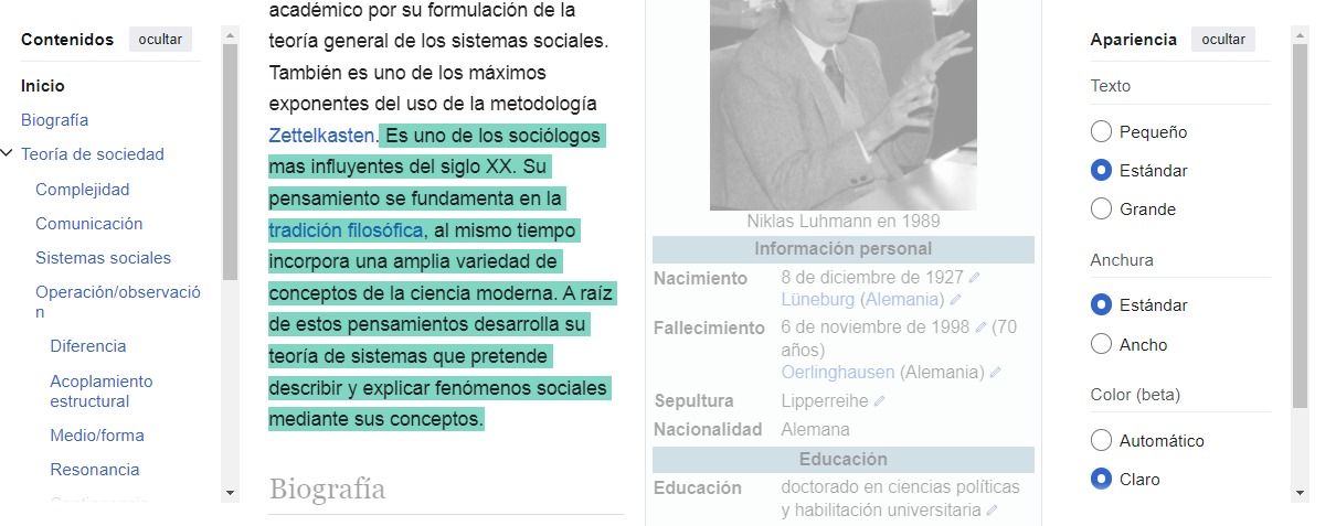 Edición en Wikipedia sobre la biografía de Niklas Luhmann